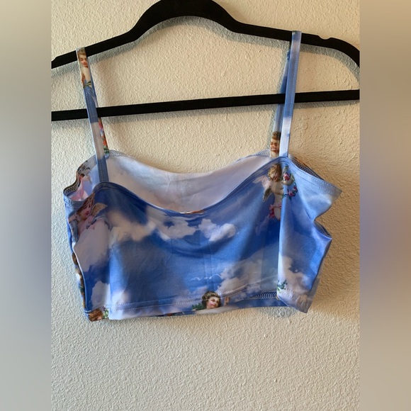 Boutique Angel Print Blue Crop Top Spaghetti Strap Halter Tank Shirt Blouse - Picture 5 of 5